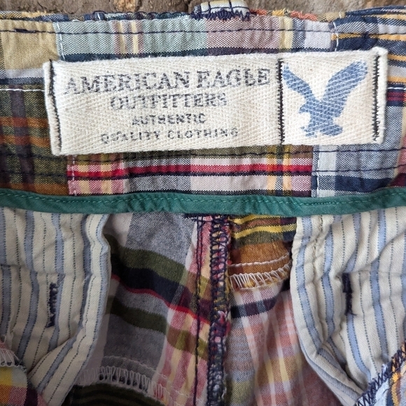 VTG Y2K AEO Madras Plaid Patchwork Shorts Flat Front Size 34 - Picture 8 of 10